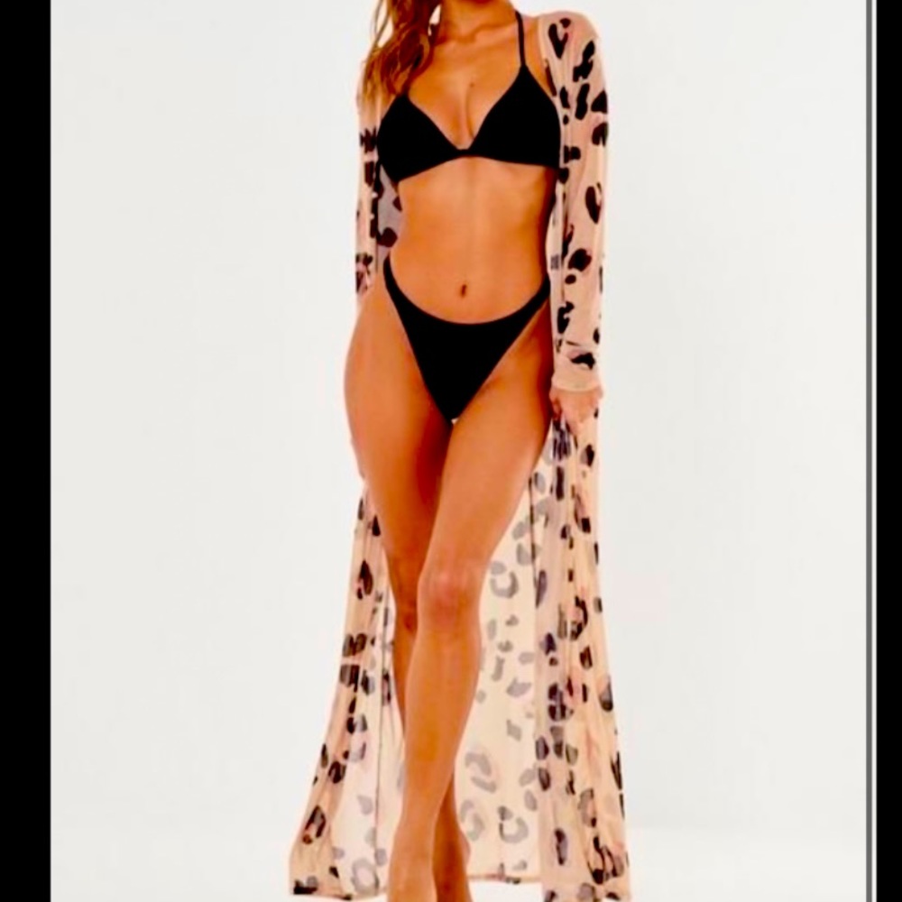 Nude leopard print maxi beach kimono